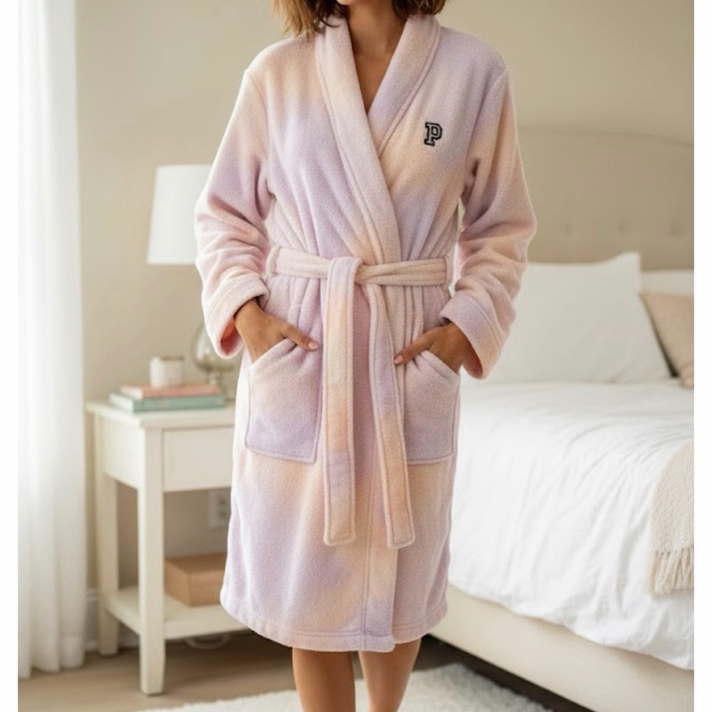 Victoria's Secret PINK Sherpa Robe XS/S Pastel Tie Dye Plush Fleece Bathrobe